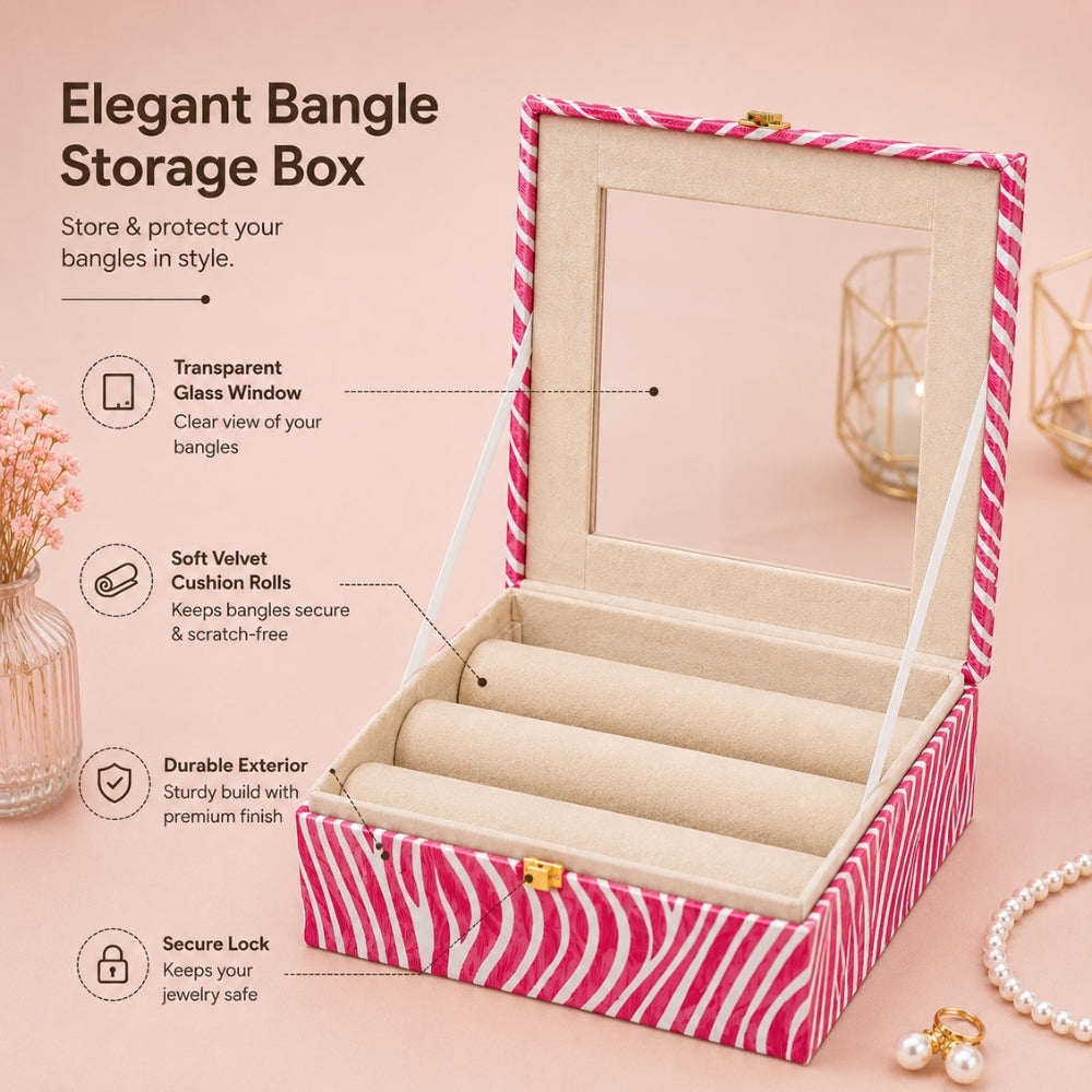 Luxury Bangle Storage Box with Mirror – Velvet Jewellery Organizer (30.48 × 30.48 × 12.70 cm)