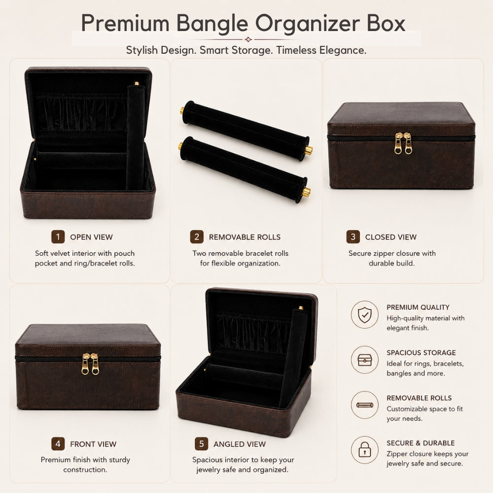 Luxury Brown Leather Bangle Storage Box – Jewellery Organizer with Removable Velvet Rolls (33.02 × 20.83 × 10.16 cm)