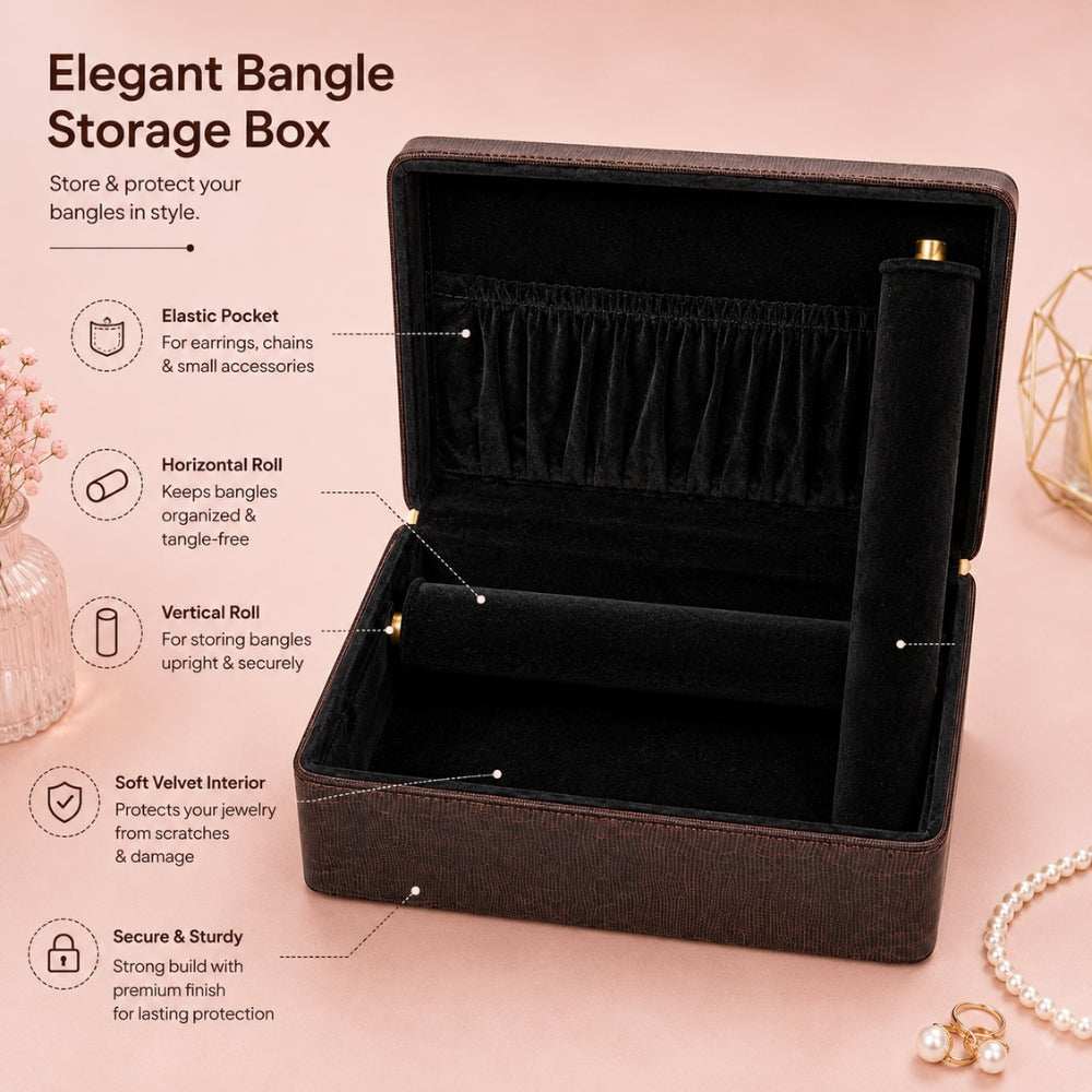 Luxury Brown Leather Bangle Storage Box – Jewellery Organizer with Removable Velvet Rolls (33.02 × 20.83 × 10.16 cm)