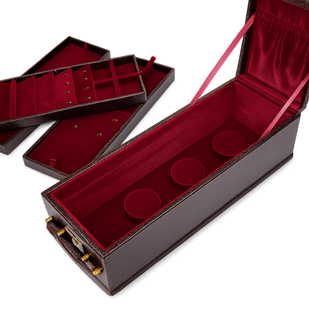 Luxury Leather Jewellery Box with Combination Lock, Removable Velvet Trays & Multi-Compartment Organizer for Rings, Earrings, Necklaces, Bangles, Watches & Accessories (30.48 × 12.95 × 10.16 cm)