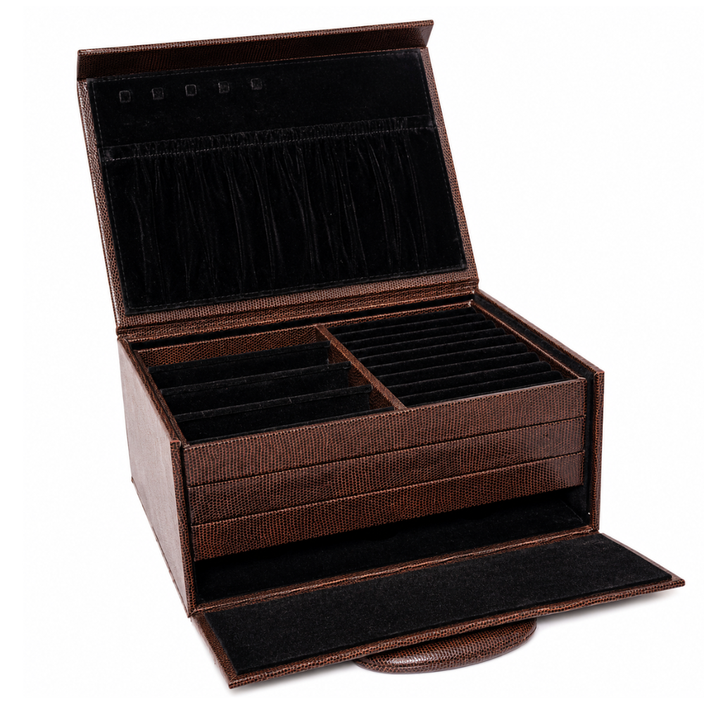 Luxury Brown Leather Jewellery Box with Combination Lock, Removable Velvet Trays & Multi-Compartment Organizer for Rings, Earrings, Necklaces, Bangles, Watches & Accessories (30.48 × 24.13 × 13.97 cm)