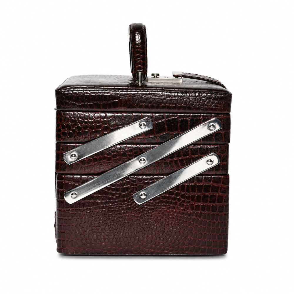 Luxury Brown Crocodile Leather Jewellery Vanity Box with Mirror, Multi-Layer Expandable Storage & Portable Travel Organizer (20.32 × 17.27 × 16.51 cm)