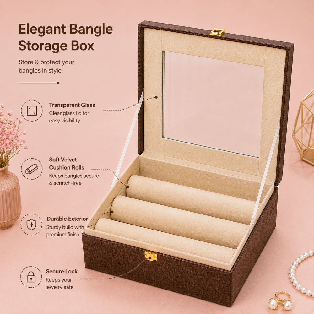 Luxury Bangle Storage Box with Mirror – Velvet Jewellery Organizer (30.48 × 30.48 × 12.70 cm)