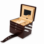 Luxury Brown Crocodile Leather Jewellery Vanity Box with Mirror & Multi-Layer Organizer (20.32 × 17.27 × 16.51 cm)