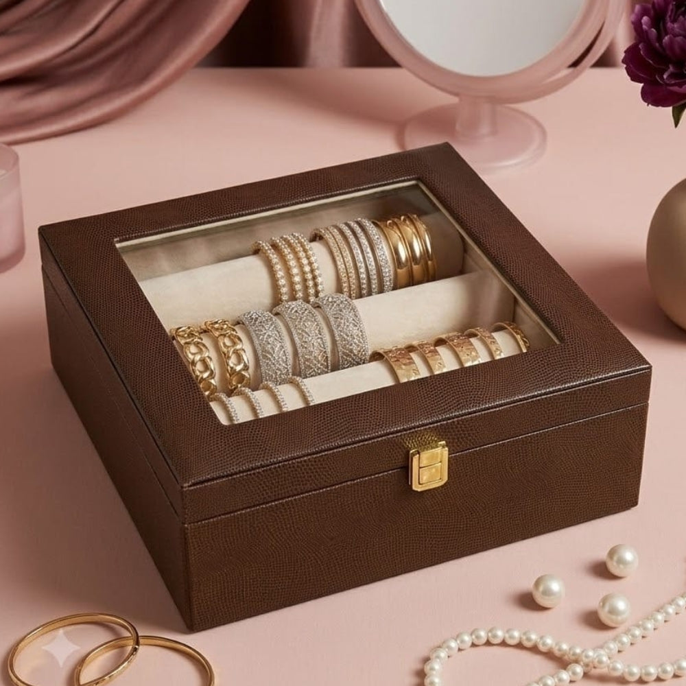 Luxury Bangle Storage Box with Mirror – Velvet Jewellery Organizer (30.48 × 30.48 × 12.70 cm)