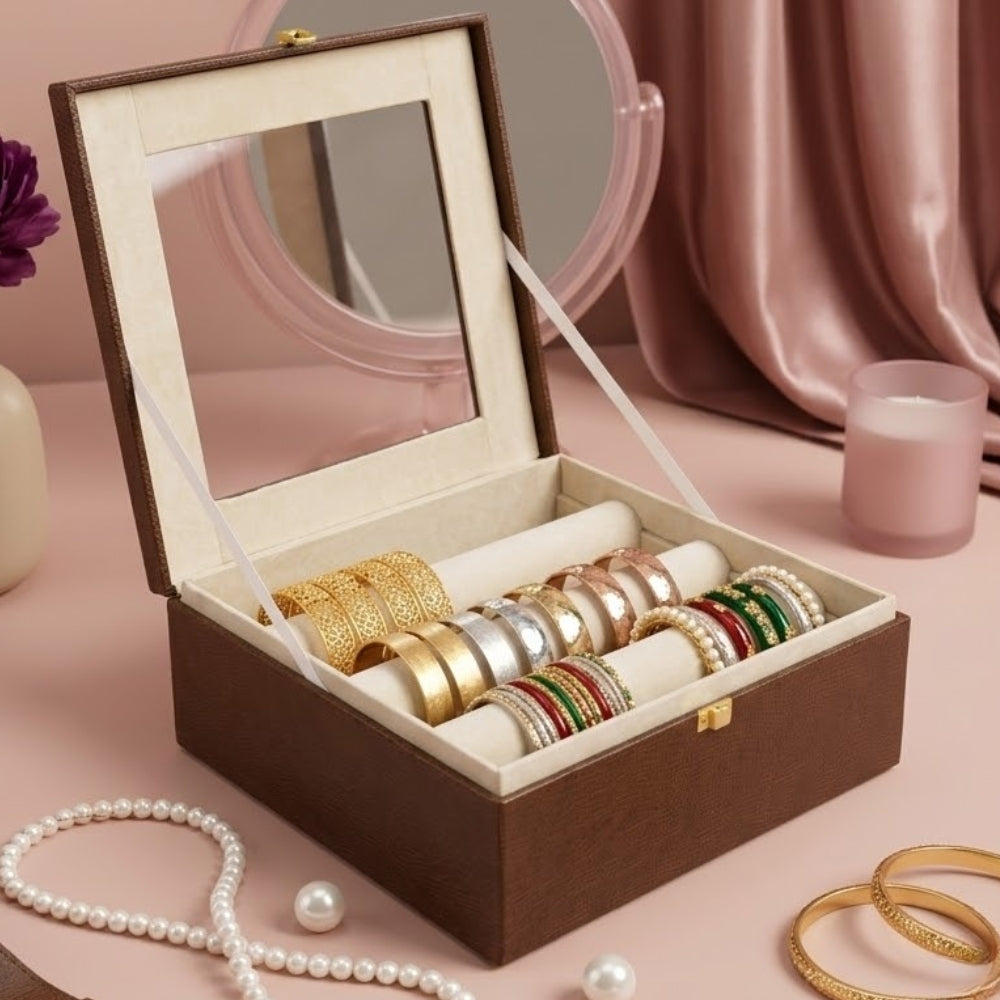 Luxury Bangle Storage Box with Mirror – Velvet Jewellery Organizer (30.48 × 30.48 × 12.70 cm)