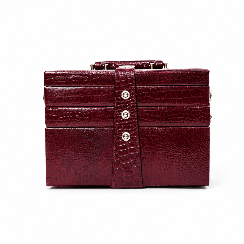 Luxury Cherry Red Crocodile Texture Leather Jewellery Box with Mirror, Multi-Layer Jewellery Storage Organizer for Rings, Earrings, Necklaces, Bracelets, Bangles & Watches (25.91 × 18.29 × 18.54 cm)
