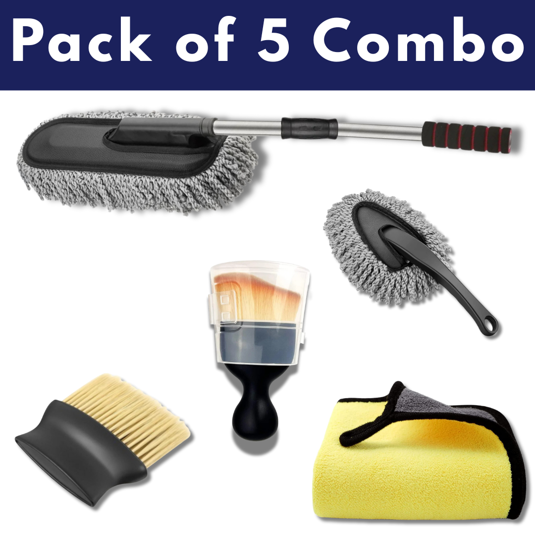 Upkit Premium Car Cleaning Combo Pack of 5 – Microfiber Duster, Mini Duster, Cleaning Brush Set & Ultra Soft Microfiber Cloth | Complete Car Detailing Kit