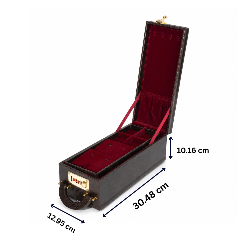 Luxury Leather Jewellery Box with Combination Lock, Removable Velvet Trays & Multi-Compartment Organizer for Rings, Earrings, Necklaces, Bangles, Watches & Accessories (30.48 × 12.95 × 10.16 cm)