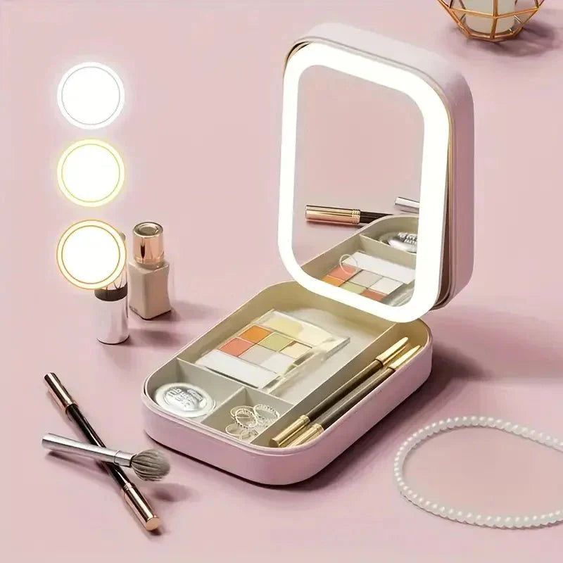 UPKIT Compact Makeup Vanity Box with LED Mirror | Portable Cosmetic Organizer with Touch Light | Travel-Friendly Beauty Storage Case